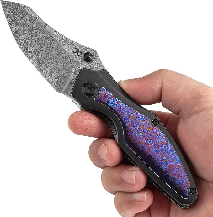 KANSEPT Baba Yaga Pocket Folding Knives for Men Women Camping Hiking Folding Knife 3.06'' Satin Damascus Blade EDC Knife with Titanium Timascus Inlay Timascus Clip Handle Everyday Carry K1074A8