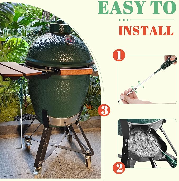 18" Green BBQ Ash Tool for Big Green Egg Ash Rake Ash Cleaner for BGE Kamado Accessories Long Handle Cleaner with Scraper Stainless Steel Charcoal Pellet Grills Wood Burning Stove