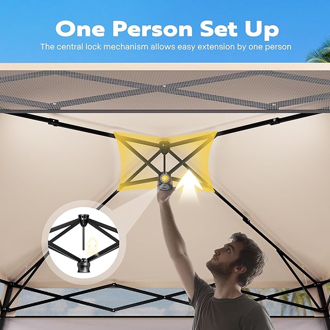 VIVOHOME 8x8ft Pop-Up Canopy Tent with Central Lock Design, Slant Legs, Backpack, and Side Wall, Portable Shelter for Camping, Party, Yard, and Beach Events, Beige