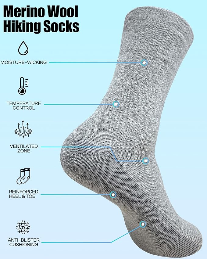 3 Pairs Men's Merino Wool Socks - Thermal Winter and Hiking Socks with Cushioned Support for Everyday Comfort