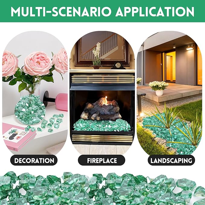 20 Pounds Fire Glass 1/2 Inch High Reflective Tempered Firepit Glass Rocks for Fireplace, Fire Pit Table, Fire Bowl and Landscaping (Emerald Green)