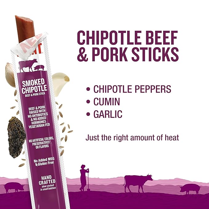 Snack Sticks by Vermont Smoke & Cure – Smoked Chipotle – Beef & Pork – Healthy Meat Protein – 1oz Jerky Stick – 24 count carton