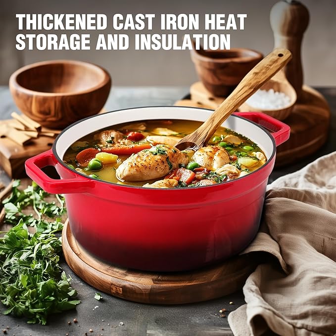 HAUSHOF 5.3QT Enameled Cast Iron Dutch Oven with Lid, Non-Stick Pot for Sourdough Bread Baking, Stewing, Rosting, Island Spice Red