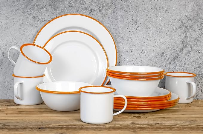 Red Co. 16-Piece Enamelware Metal Dinnerware Set for 4, Solid White/Orange Rim