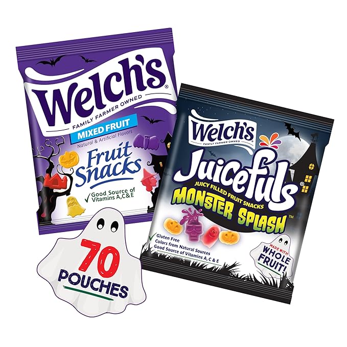 Welch’s Fruit Snacks Mixed Fruit Halloween & Juicefuls Monster Splash Variety Pack, Great for Trick or Treating, 0.5oz (Pack of 70ct)