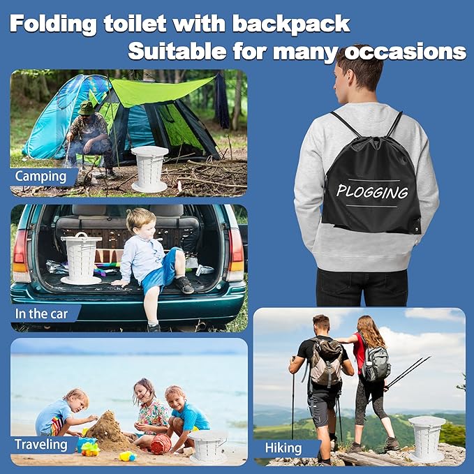 Upgraded Retractable Portable Toilet with Cushion, Adjustable Height Camping Toilets with Lid for Adults and Kids, Compact Portable Potty for Camping, Car, Travel, Boat, Tent and Emergency Use