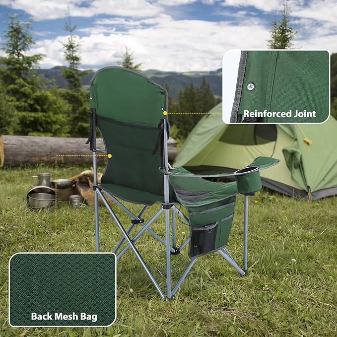 Nice C Heated Camping Chair with Battery, Heated Outdoor Sports Chair, Folding Chairs, with Cooler Bag, Cup Holder, Carry Bag, 10000 mAh Power Bank Included (Green&Grey, Set of 2)