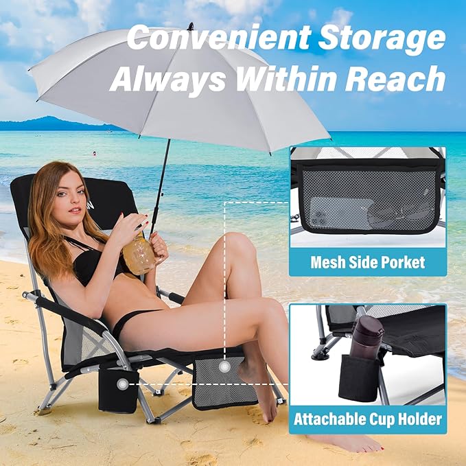 Homcosan Portable Low Folding Beach Chair with Detachable Umbrella - Lightweight Camping Chair for Adults with Cup Holder & Storage Pocket, Carry Bag Included (Black & Gray)
