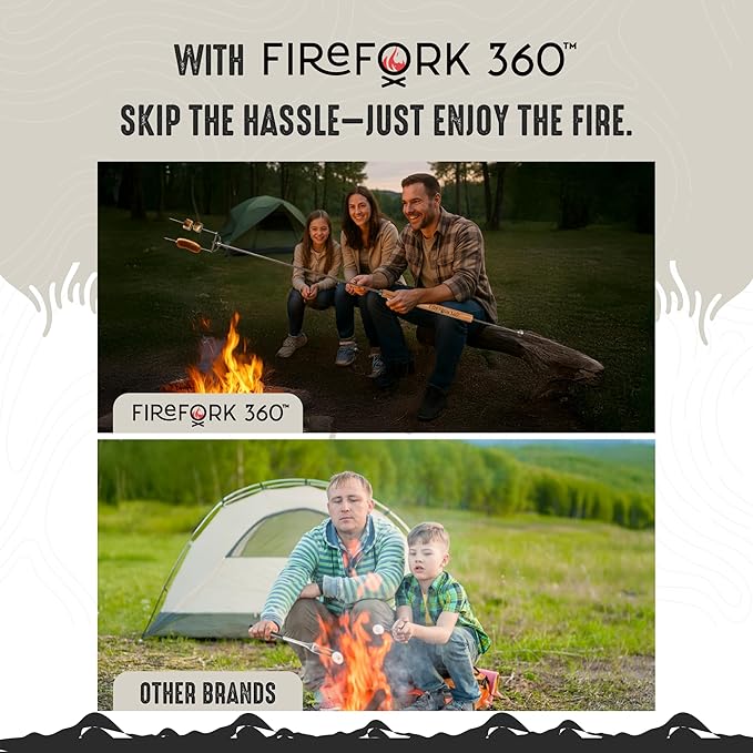 Extra Long Cooking Fork with Patented Rotating Handle and Food Ejector. Stainless Steel Camping Forks for Fire Pit, BBQ, Campfire Marshmallow Roasting Sticks, Hot Dogs, S'mores