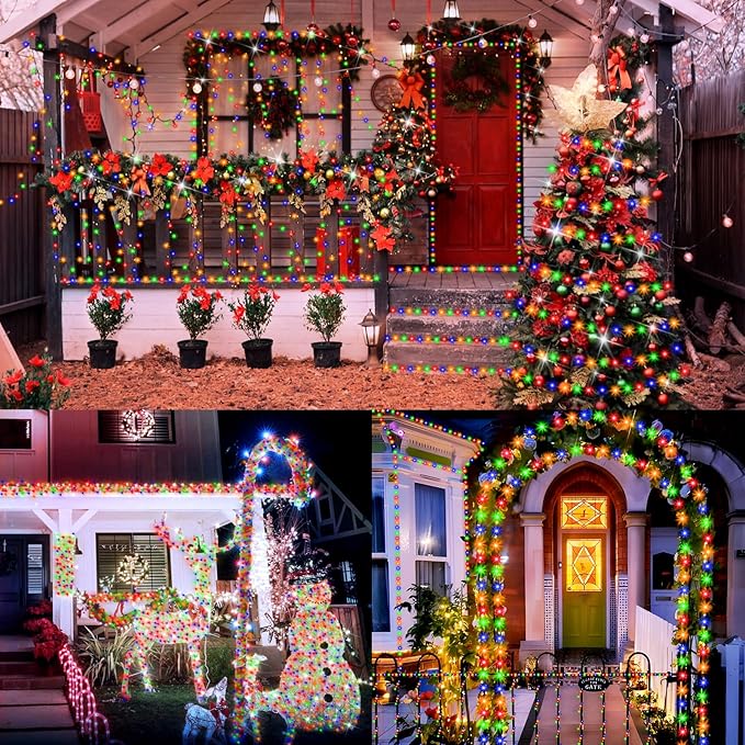 XURISEN Christmas Lights Outdoor 197FT 500 LED Green Wire String Lights 8 Modes with Timer Memory Waterproof Fairy Light Plug in for Xmas Tree Wedding Yard Party Holiday Decorations(Multicolor)