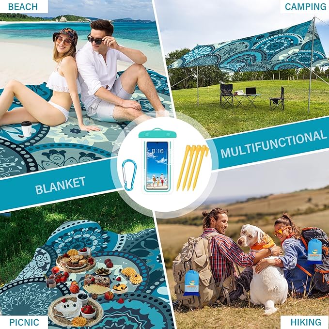 BYDOLL Beach Blanket Waterproof Sandproof 78''ร81'' Suits1-4 Adults Compact Lightweight Oversized Sand-Free Blanket Large Picnic Mat for Beach Travel Camping Hiking