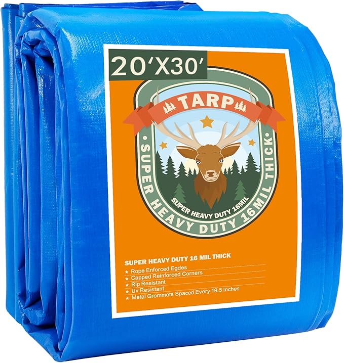 Large Tarps Heavy Duty Waterproof 20x30, Blue Tarp, Waterproof Plastic Poly 16 Mil Thick Tarpaulin with Metal Grommets Every 19.5 Inches - Emergency Rain Shelter, Outdoor Cover, and Camping Use