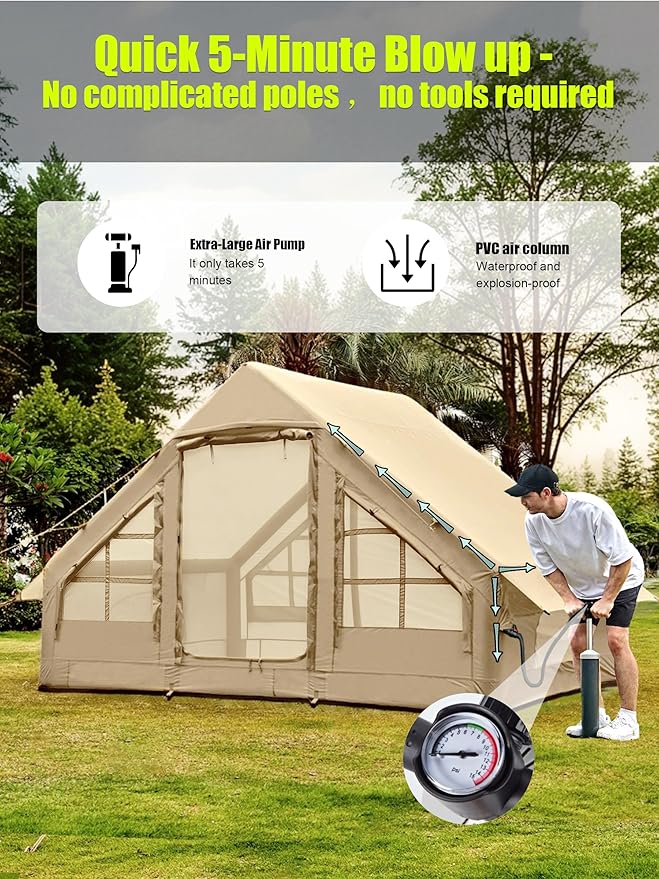 Inflatable Tents for Camping - Easy Blow Up Glamping Tent with Hand Pump, Waterproof PVC Air Inflatable Tent House for Family Weekend Camping