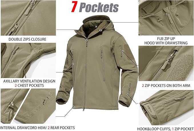 MAGCOMSEN Men's Tactical Jacket 7 Pockets Performance Fleece Lined Water Resistant Ski Snow Soft Shell Winter Coats