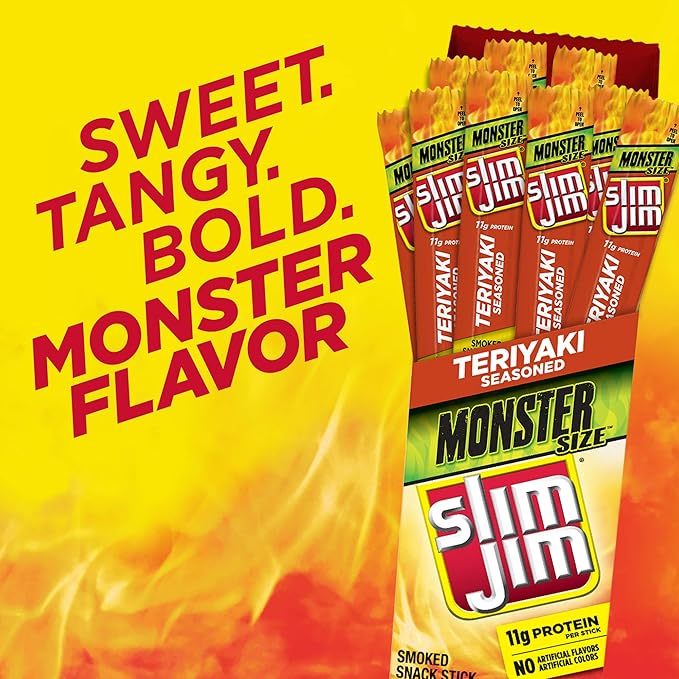 Slim Jim Monster Smoked Meat Sticks, Teriyaki Flavor, High Protein, 1.94 oz. (18 Count)