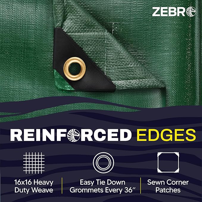 10' x 20' Green Heavy Duty Tarp with Grommets Reinforced - 16 Mil Thick - Double Sided Plastic Tarps Waterproof - Large Tarpaulin Cover for Outdoor Camping Over/Under Tent Tarp RV Roof Rain - Zebro
