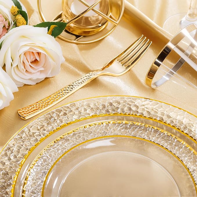 Nervure 102PCS Gold Plastic Plates - Disposable Clear Gold Party Plates Include 51PCS 10.25inch Dinner Plate & 51PCS 7.5inch Dessert Plate Perfect for Wedding & Party & Thanksgiving