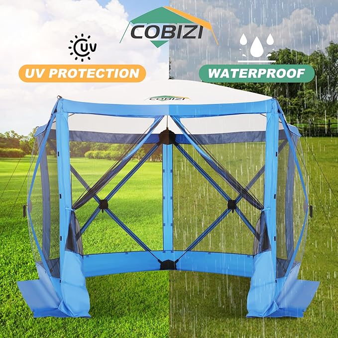 COBIZI 10x10 Pop up Gazebo Screen House Tent for Camping, Pop-up Camping Canopy with Sidewalls,Portable Outdoor Quick-Set Hub Tent with Carrying Bag&Ground Stakes,Blue(Upgraded 2.0)