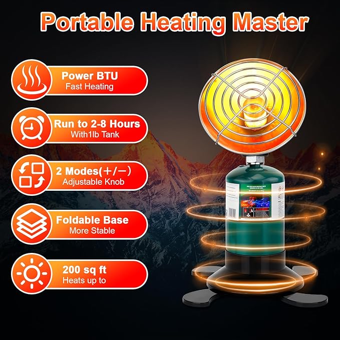 Portable Propane Heater for Camping, Outdoor Space Tent Heater, Cordless Patio Heaters with Electric Igniter, Control Valve, Foldable Gas Tank Holder, Ideal Garage Hiking Ice Fishing Hunting Buddy