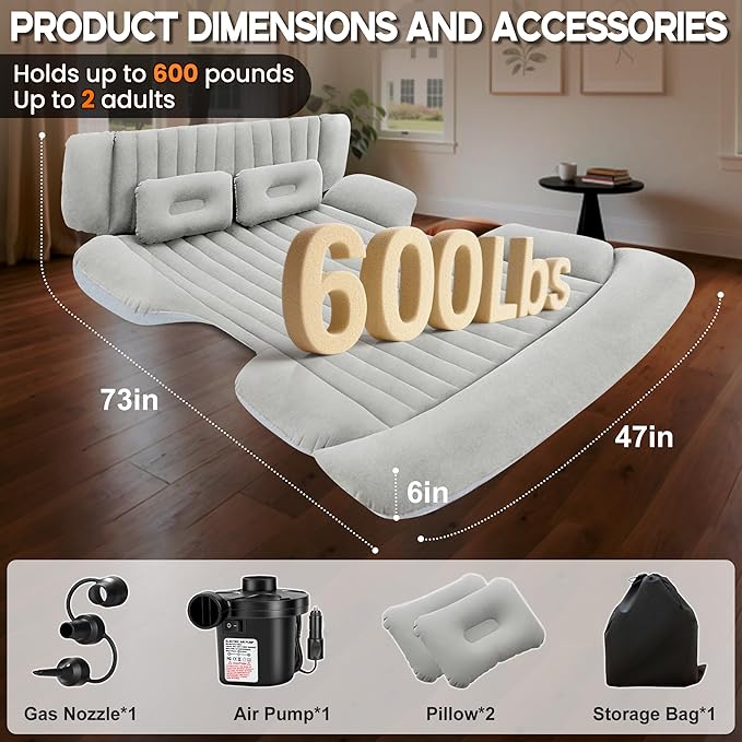 SUV Air Mattress, Thickened Car Air Mattress, SUV Mattress for Truck, Double-Sided Inflatable car Bed with 2 Pillows & Air Pump, Car Camping Mattress Back Seat, Inflatable Bed for Suvs