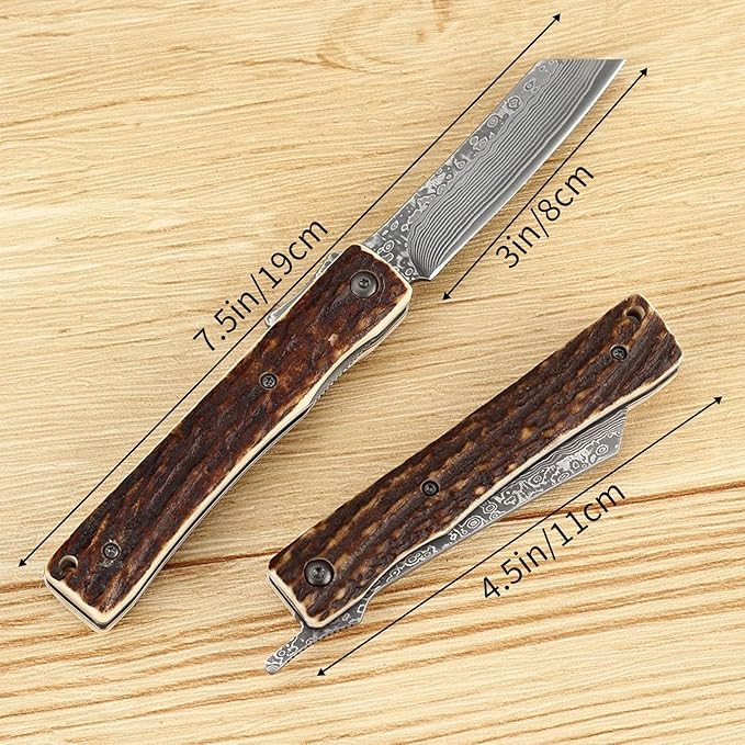 KATSU Handmade Damascus Steel Japanese Razor Pocket Folding Knife with Genuine Deer Antler Handle