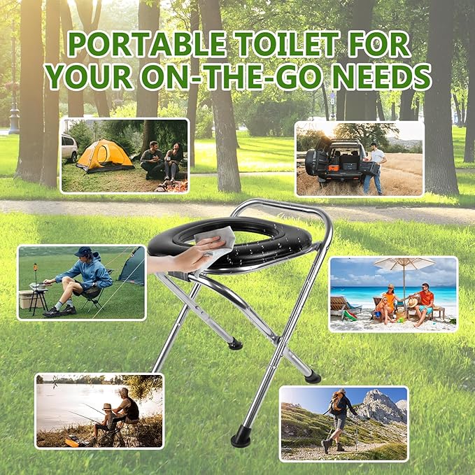 BLIKA Portable Toilet for Camping, 350LBS Stainless Steel Foldable Camp Travel Toilet with Soft Seat for Adults, Portable Potty for Camping, RV Travel, Road Trips, Includes Waste Bags with Gel
