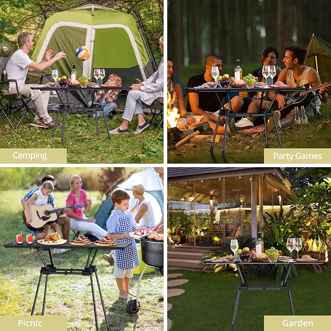 3ft Folding Camping Table, 4 Adjustable Heights Tall Aluminum Roll Up Camping Table with Carrying Bag, Portable, Waterproof, for Picnic, Outdoor, Travel, Backyard, Beach, 35” X 16”, Black