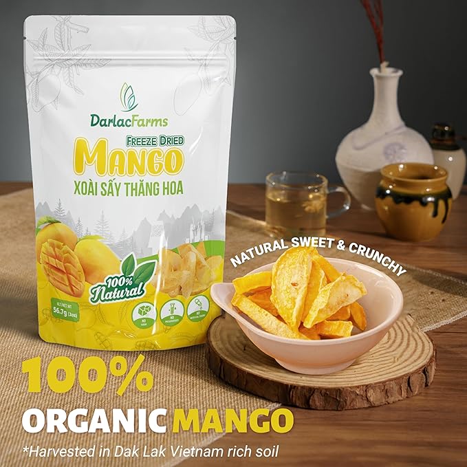 DARLAC FARMS Freeze Dried Mango Slices, Pack 6, No Sugar Added, Healthy Fruit Snacks for Kids, Adults & All Ages, Premium Organic Crispy Crunchy Snacks, Tea, Baking, Smoothie, Yogurt, 2 Oz Each