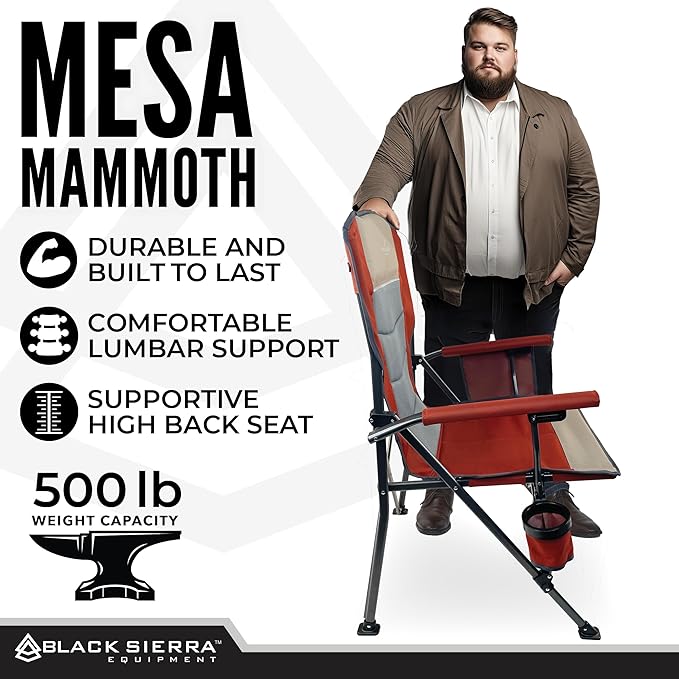 Black Sierra Oversized Camping Chair for Adults – Heavy Duty Folding Lawn & Beach Chair Supports 500 lbs, Hard Arms, Durable Steel Frame, Cup Holder, Portable Outdoor Seat for Tailgating or Patio