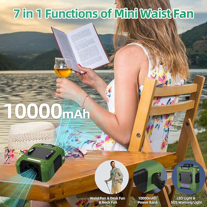 AMKEN Waist Fan - 3-Speed Clip-On Belt Fan, 16000RPM Strong Airflow, 24H Rechargeable Battery (10000mAh), LED SOS & Red-blue Light - Portable Cooling for Jobsite, Camping, Fishing, Outdoor