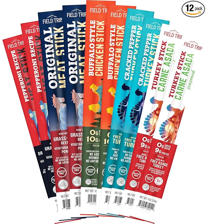 Field Trip Grass Fed and Free Range Variety Jerky Snack Sticks, Keto, Paleo, Gluten Free, Allergy Friendly Snack, High Protein, 90 and 100 Calorie Snack, 1oz, 10 Pack