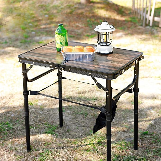 Small Folding Camping Table, 2ft Portable Picnic Table Aluminum 24" x 16" Folding Table, 3 Adjustable Heights Portable Lightweight Table Dining Table for RV, Picnic, Beach (Wood Grain)