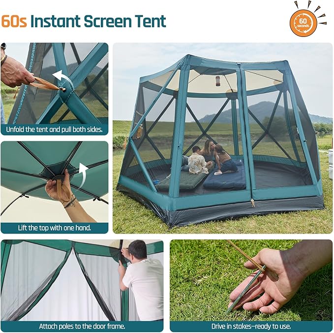 Instant Tents for Camping Pop Up Screen Tent with Floor, 6 Person Large Family Camping Tent with Rainfly and Porch, Easy 60S Setup Hub Tent for Outdoor Picnic Backyard, 11.5'L x 10'W x 6.83'H