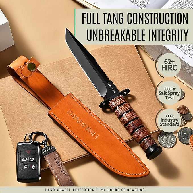 STARFISH Fixed Blade Knife, 7.0” DC53 Steel Blade with Black Titanium Coating Full Tang Hunting Knife with Sheath, Ergonomic Leather Handle Bushcraft Bowie Knives for Camping, Hiking