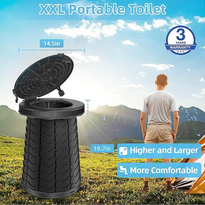 XXL 19.7"H Adjustable Foldable Portable Camping Toilet, Luggable Loo with Lid, Strap,Toilet Bag for Camping, Hiking, Travel and Car