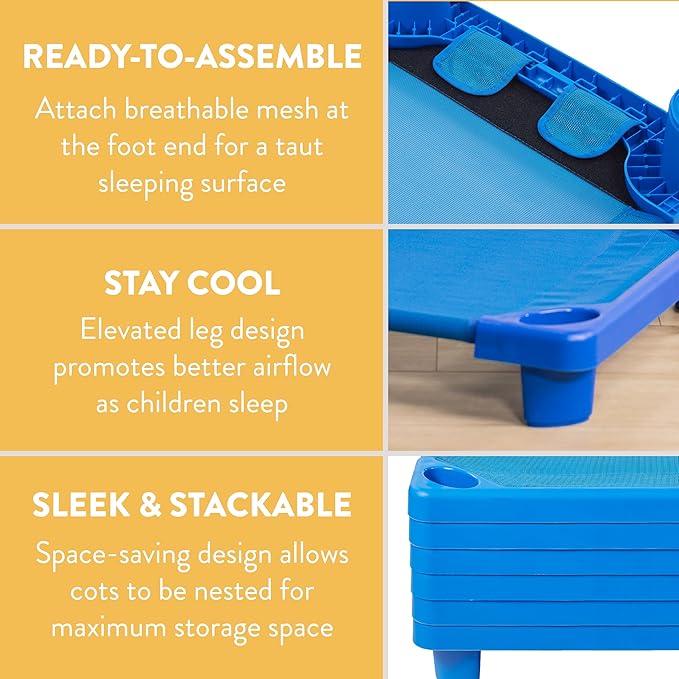 SlumberEdge Stackable Toddler Cot, RTA, Sleeping Cot, Blue, 6-Pack