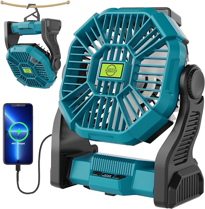 Battery Powered Fan๏ผ270ยฐ Rotating Battery Operated Camping Fan Rechargeable, USB Desk Personal Table Cordless with Hook, Outdoor Camping for Tents,Travel X23 Cyan