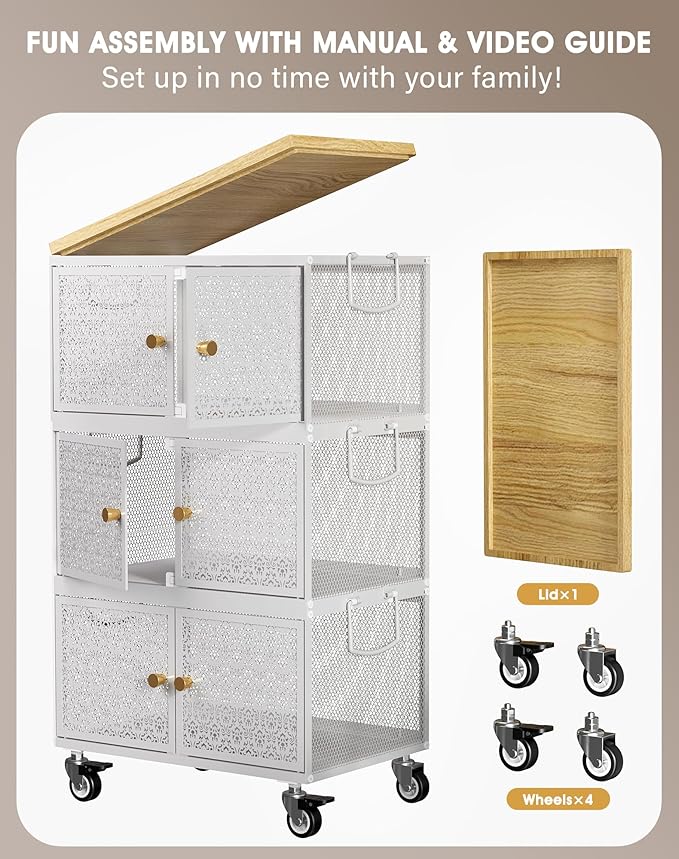 3 Tier Metal Storage Bins and Boxes Organizer, Magnetic Doors & 360°Swivel Lockable Wheels, Easy,labor-Saving, Ocean Life Cutout Pattern, Eco-Aesthetic for Living Room,Bedroom,bathroom,kitchen