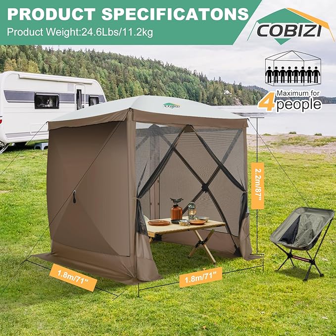 COBIZI 6x6 Pop up Gazebo Tent on Clearance, Ez up Waterproof Screen Tent Screen House with 3 sidewalls,Portable Outdoor Canopy with Carry Bag & Ground Stakes for Camping,Garden and Picnics, Brown