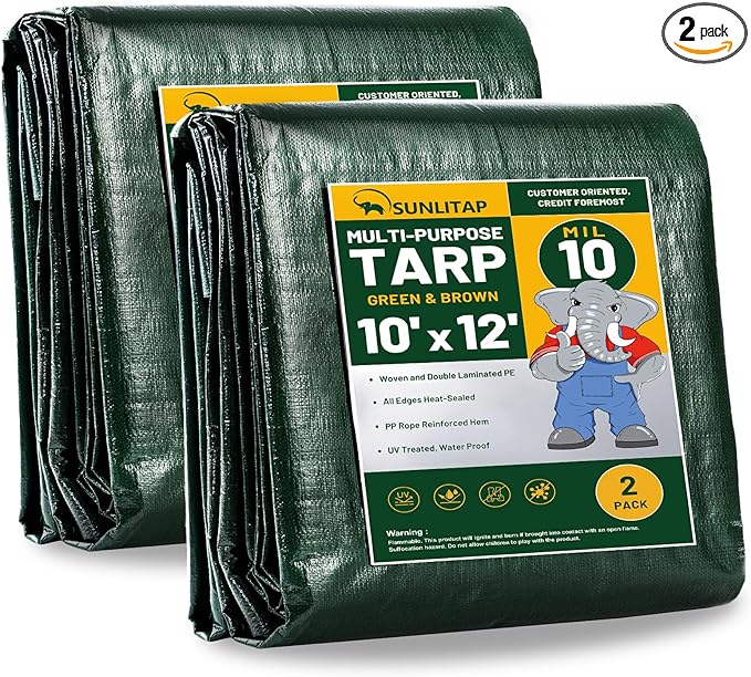 10 Mil Heavy Duty Waterproof Tarps, 10x12 Ft Finished Size Tarps, Premium Tarp with Metal Grommets & Reinforced Edge, Multipurpose Thick Tarp for Car, Boat, Roof, Camping - 2 Pack, Green
