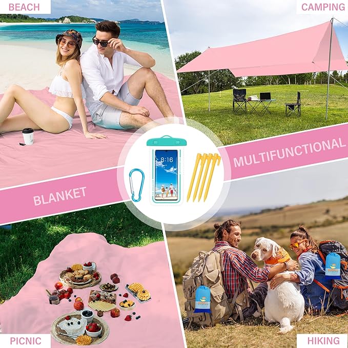 BYDOLL Beach Blanket Waterproof Sandproof 78''ร81'' Suits1-4 Adults Compact Lightweight Oversized Sand-Free Blanket Large Picnic Mat for Beach Travel Camping Hiking