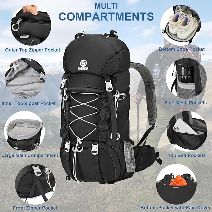 60L Hiking Backpack Water Resistant Camping Backpack with Rain Cover Large Outdoor Travel Daypack for Men Women (01-Black)