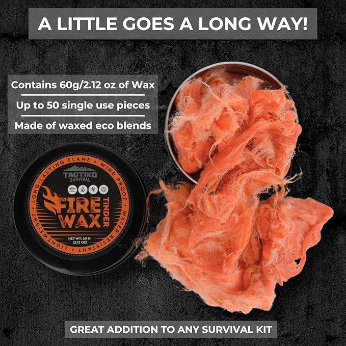 Tactiko Fire Wax - Burns Up to 5 Minutes, 50 Uses, 60g - Perfect for Wet Wood - Compact, Water & Wind Resistant - Camping Gear, Survival Kit, Hikers, Emergency Use - U.S. Company