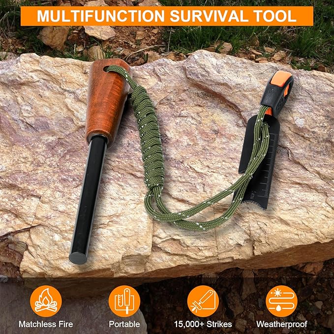 Fire Starter Survival Tool - Handmade Wooden Handle 3/8"" Thick Ferro Rod with Striker and Umbrella Rope Waterproof Iron Rod Flint and Steel Fire Starter Kit, Black