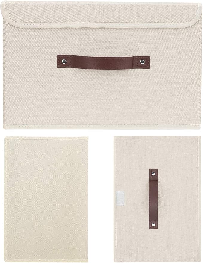 TYEERS Collapsible Storage Boxes, Washable Fabric Storage Bins with Lids, 14.9x9.8x9.8 inches, 2 Pack, Beige