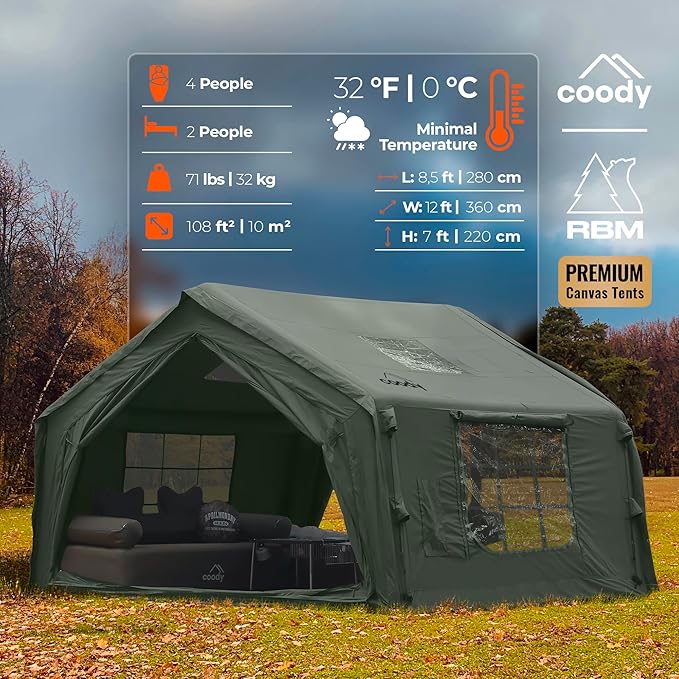 Coody | Rbm Outdoors Koala/Hub/Octopus Inflatable Tents for Camping with Stove Jack, 2/8/10 Person Luxury Canvas Blow Up Tent, 2 Room, Easy Setup Casa de Campaña, Large Inflatable House with Pump