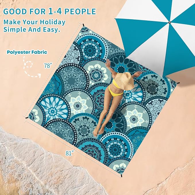 BYDOLL Beach Blanket Waterproof Sandproof 78''ร81'' Suits1-4 Adults Compact Lightweight Oversized Sand-Free Blanket Large Picnic Mat for Beach Travel Camping Hiking