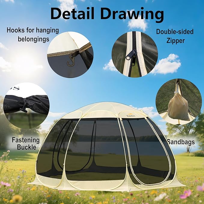 Pop Up Screen House, 12.5'x12.5' Outdoor Screen Tent for Camping, Screened Gazebo with Mosquito Netting, Carry Bag