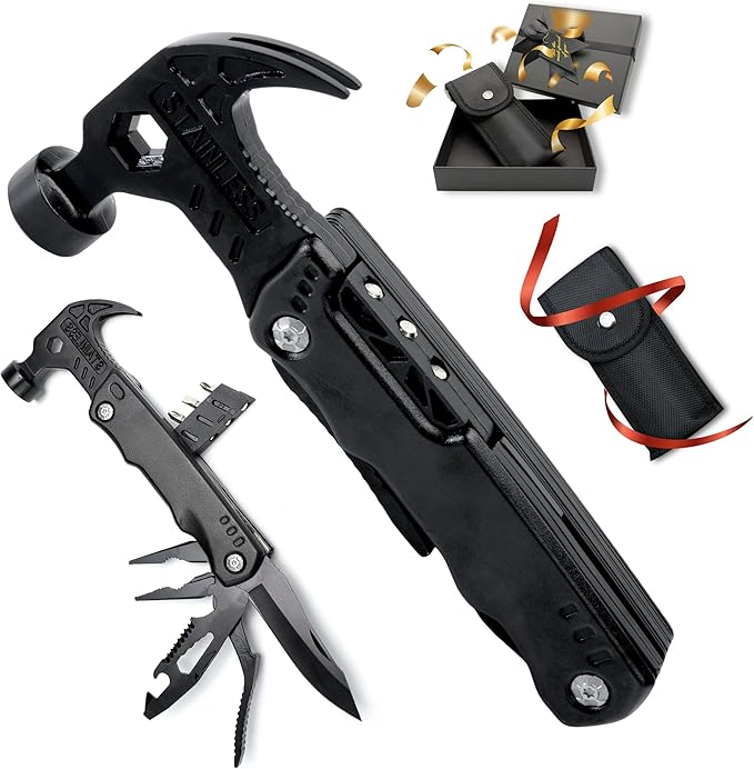 Multi-Functional Safety Hammer Multitool – 15-in-1 Heavy Duty Emergency Tool Kit with Pouch – Camping, Hiking, Fishing, Car Rescue Gear – Father's Day or Birthday Gifts for Dad