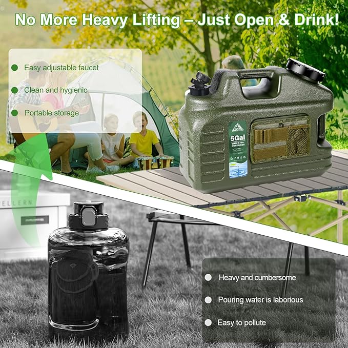 5 Gallon Water Jug, Camping Water Container, BPA Free Portable Water Dispenser with Spigot, Leak-Proof Large Camping Water Jug for Emergency Storage, Outdoor, Hiking, Road Trips